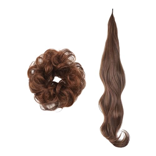 1 pièce de 32 pouces queue de cheval avec 1 chignon élastique Extensions de cheveux circonférentiels perruques femmes synthétiques accessoires de cheveux ondulés réalistes (marron clair)