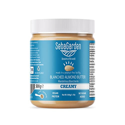 Seba Garden Beurre d'amande blanchi, 500 g, sans sel, non sucré, sans gluten, sans arachide, végétalien, paléo