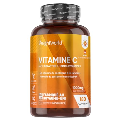 Vitamine C 1000mg Avec Cynorhodons Églantier et Bioflavonoïdes, Vit C Acide L Ascorbique, Vitamines Adultes 180 Comprimés Vegan Cassables Pour 6 Mois d'Approvisionnement