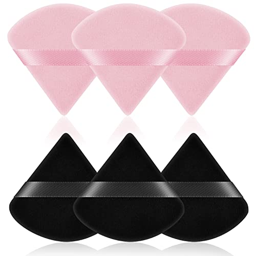 AUAUY 6 Pièces Houpette Maquillage, Bouffées de Maquillage Triangle, Houpette en Coton Réutilisable pour Femme Filles Visage Maquillage, Outil de Maquillage Poudre Minérale Sec Humide (Noir,Rose)
