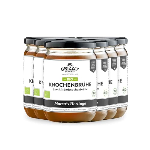 Grizzly Foods Bouillon d'os de bœuf bio (6 x 500 ml) - 25 g de collagène par verre - Cuit pendant 72 heures - 100 % naturel - Sans sucre, sans additifs - Nutriments précieux - Bone Broth - Bouillon
