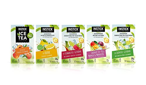 INSTICK Boisson instantanée sans sucre | Lot 5-5 paquets de 12 sachets chacun pour 12x0,5L | différentes sortes de thé glacé | boisson en poudre - végétalienne, faible en calories, avec vitamine C