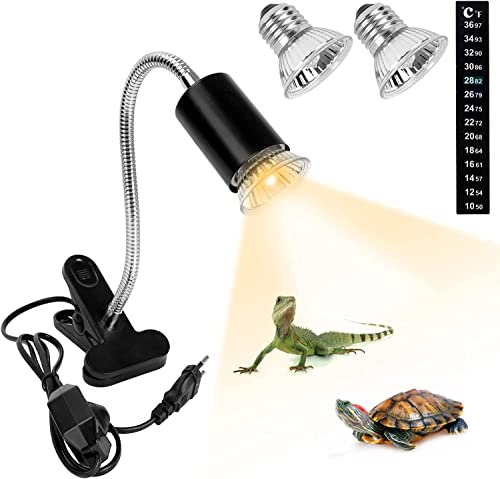 Lampe Chauffante Tortue,Lampe Reptiles avec 2 Ampoules(50W UVA/ UVB lampe) et Thermomètre,E27 Douille Ampoule Pince Pivotante à 360 ° ,Réglable Interrupteur Lampe Chauffante pour Tortue, Serpent