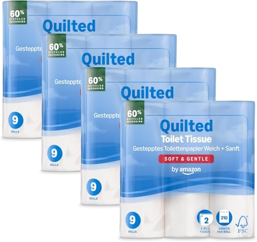 by Amazon Papier Toilette, 2 Épaisseurs Matelassé, Doux e Délicat, 36 Rouleaux (4 Paquets de 9), 210 Feuilles par Rouleau, Certifié FSC