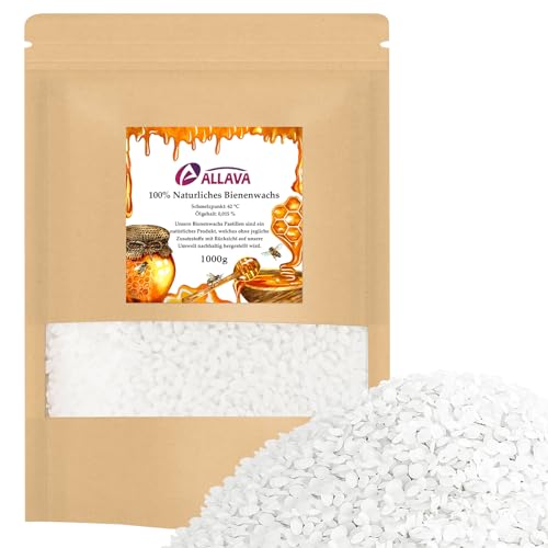 ALLAVA Pastilles de cire d'abeille, cire d'abeille blanche, 1000 g, cire d'abeille pour bougies, cire d'abeille bio pour coulée, cire d'abeille bio pour cosmétiques, pour couler et fabriquer des