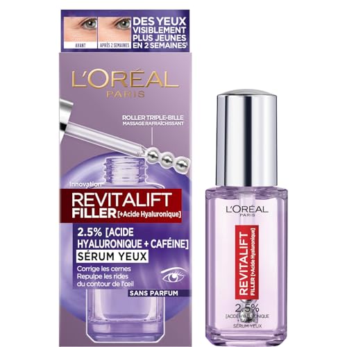 L'Oréal Paris - Sérum Contour des Yeux - Anti-Rides , Anti-Poches & Anti-Cernes - À l'Acide Hyaluronique Pur et à la Caféine - Embout Triple-Bille innovant - Revitalift Filler - 20 ml