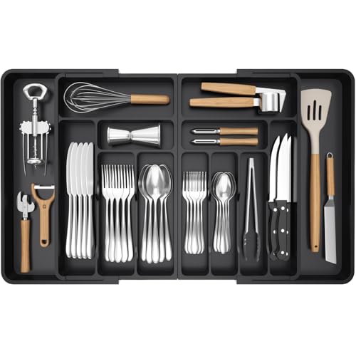 Lifewit Grand Range Couverts, Rangement Couvert Tiroir Cuisine, Extensible de 54.1 jusqu'à 91,4 cm de Large, Organisateur en Plastique pour Couverts, Cuillères, Fourchettes, Couteaux, Noir