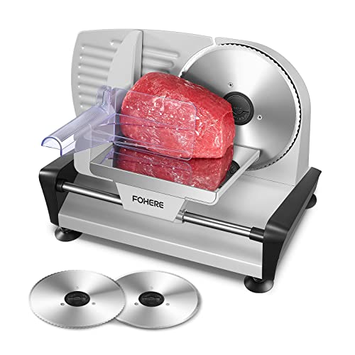 Trancheuse Electrique 200W à Jambon et Saucisson, 2 Lames Détachable de 19 cm, 0-15 d'épaisseur Précise, Commutateur de Rainure pour Utilisation Sûre, Pour Pain, Jambon, Fromage et Viande, Argent