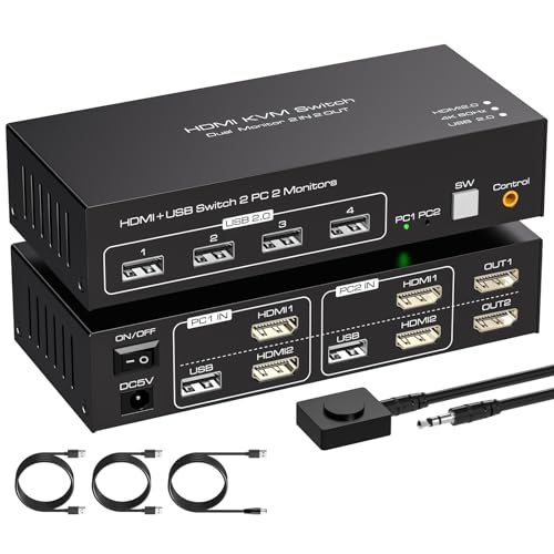 VPFET HDMI KVM Switch Dual Monitor 4K60HZ Commutateurs KVM 2 Moniteurs pour 2 Ordinateurs avec 4 USB 2.0 Support des modes de Copie et d'Extension avec Contrôle en Ligne et 2 Câbles USB 2.0