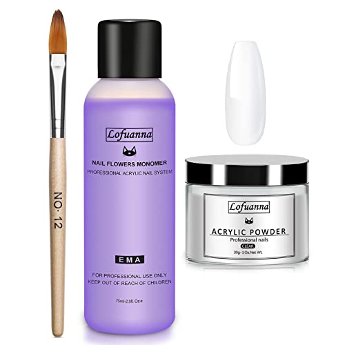 Lofuanna 30g Transparente Poudre Acrylique 75ml Monomère Liquide Acrylique avec Brosse à Ongles en Acrylique,Poudre Acrylique pour Ongles,Kit de Démarrage pour Salon de Manucure en Acrylique
