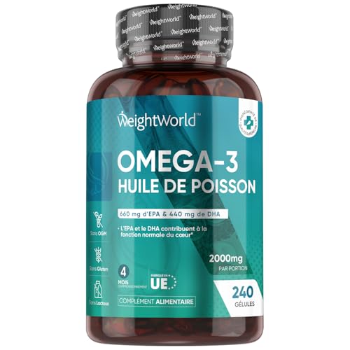Huile de Poisson Oméga 3 Gélules 2000mg, 240 Gélules pour 4 Mois - Avec EPA 660mg & DHA 440mg, Fish Oil Omega 3 Sans Odeur, Selon l'EFSA, l'EPA et le DHA Contribuent au Fonctionnement Normal du Cœur