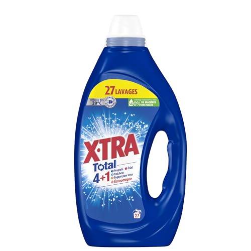 Xtra X, Tra Total - Lessive Liquide - 4 plus 1 - Propreté - Eclat - Fraîcheur - Engagé pour vous - Economique - Une seule lessive pour tout votre linge - Efficace des 20°C - 27 Lavages