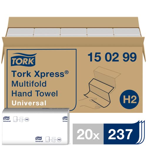 Tork Xpress Essuie-mains interfoliés - 150299 - Papiers d'essuyage pliés en Z qualité Universal pour Distributeur H2 - Essuie-mains en papier 2 plis blanc - 20 x 237 feuilles