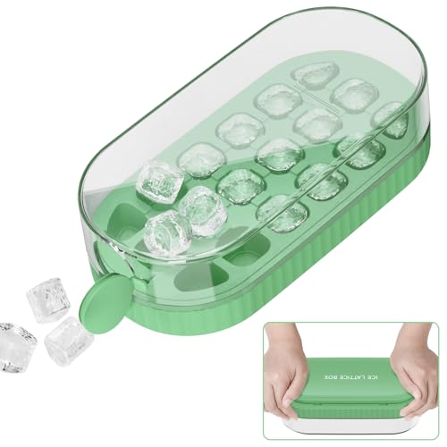 PKBD Bac a Glacon avec Couvercle, 18 Pièces Moules Glaçons Presser en Silicone pour Congélateur, Dégagement Facile, Remplissage Rapide Sans Toucher, Bac à Glaçons pour Cocktails, Whisky, Café, Vert