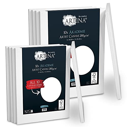 Artina Akademie Set de 10 Canvas Toile à Peindre 5x 40x50 cm & 5x 30x40 cm – Châssis entoilés en Bois certifiés FSC – Toile Peinture Blanche de 100% Coton - 280g/m² - Toile Stable et sans Acides