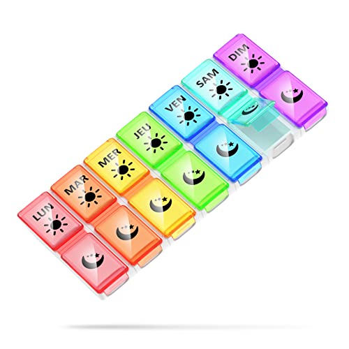 Pilulier Semainier Français Matin et Soir, Petit Pilluliers Medicaments 7 Jours 2 Compartiments Pilulier Hebdomadaire 2 Fois par Jour (Multicolore)