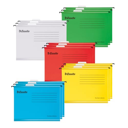 ESSELTE - Dossiers Suspendus A4 Renforcés pour Classeur / Meuble de Classement, Lot de 15 Dossiers Suspendus avec Onglets & Étiquettes, 100% Carton Recyclé, Coloris Assortis (628808)