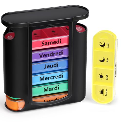 Opret Pilulier Semainier Français (Matin, Midi, Soir et Nuit) - Empilables Tour à Médicaments 7 Jours 28 Compartiments 4 Fois, pour Vitamines Suppléments Pilules (Noire)