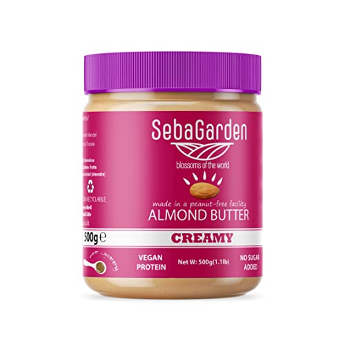 Seba Garden Beurre d'amande – 500 g d'amandes crémeuses et lisses de Californie, 100 % amandes, paléo, compatible avec le régime cétogène, sans sucre ajouté