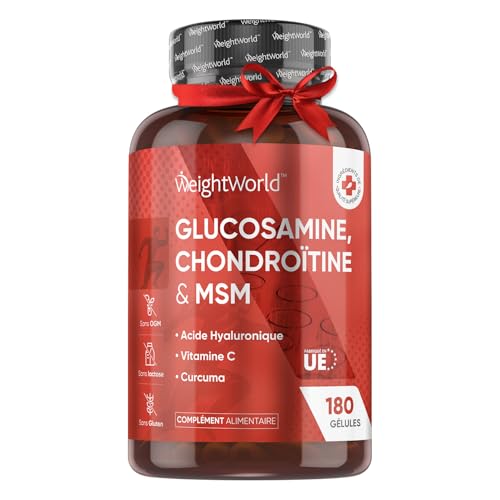 Glucosamine Chondroïtine MSM 180 Gélules Pour 3 Mois - Enrichi en Curcuma, Acide Hyaluronique & Vitamine C - Pour Cartilage, Collagène, Système Immunitaire, Os, Réduction Fatigue - WeightWorld