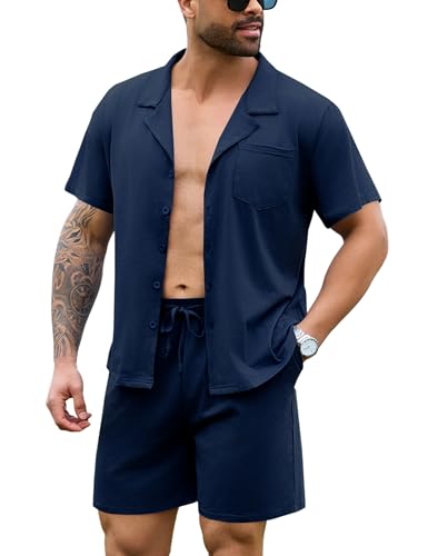 Irdcomps Pyjama Homme Coton Court Ete Ensemble de Pyjamas été Vêtements De Nuit Vêtements de détente à Manches Short Pyjama Loungewear 2 Pièces Confortable Doux 25#Bleu Foncé L