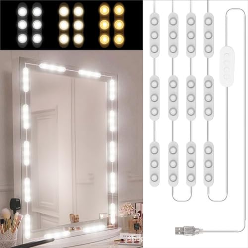 Litinliv 5M Lumière Miroir Coiffeuse avec 60 LED, 3 couleurs Dimmable Lumière de Miroir, Lampe Coiffeuse Maquillage, 10 Niveaux de Luminosité, Lampes de Maquillage pour Miroir de Maquillage Coiffeuse