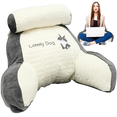 Jokapy Coussin de Lecture pour Lit, Oreiller de Lecture pour Lit Confortable, Dossier Oreiller Lombaire avec Accoudoir, Coussin de Dossier Détachable pour Lecture et Relaxation(Émulsion (M),Husky)