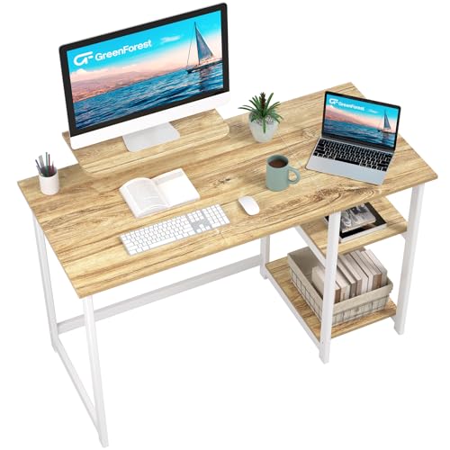 GreenForest Bureau avec Rangement,Petite Bureau d’Ordinateur avec Support de Moniteur, Bureau Gaming avec Étagères de Réversibles, 100cm Bureaux à Domicile et Postes de Travail Informatiques,Beige