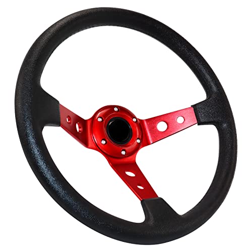 Acclcors Volant de voiture de course universel, volant de jeu de 13,6', 6 vis, grip en vinyle, en cuir profond avec bouton corne pour course, rallye, sport automobile, conduite (rouge)