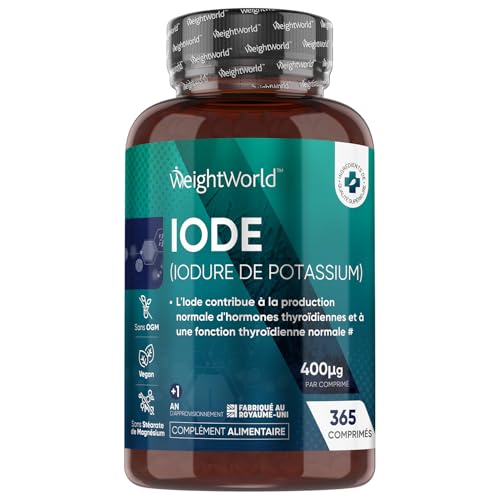 Iode de Potassium Stable Thyroïde 400μg - 365 Micro Comprimés Vegan (5mm) - 1 Tous les 3 Jours - Iodure de Potassium sans éléments radioactifs - Métabolisme, Peau Normale - Forte Dose Iode Potassium