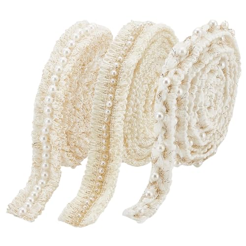 PH PandaHall 5.5m 3 styles Rubans de dentelle tressés avec perle, Garniture perlée de 16 à 20 mm de large Garniture en tissu polyester Bordure en dentelle Garniture de rembourrage pour costume