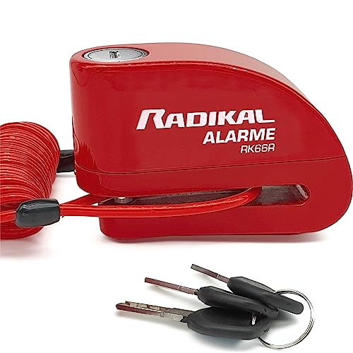RADIKAL RK66R Antivol Moto Bloque Disque Alarme 110dB, Dissuasif et Étanche, Serrure à Clic, Câble Rappel, Piles Rechange, Sac, Anti Vol Bloc Frein ø6mm Universel Moto Scooter Vélo