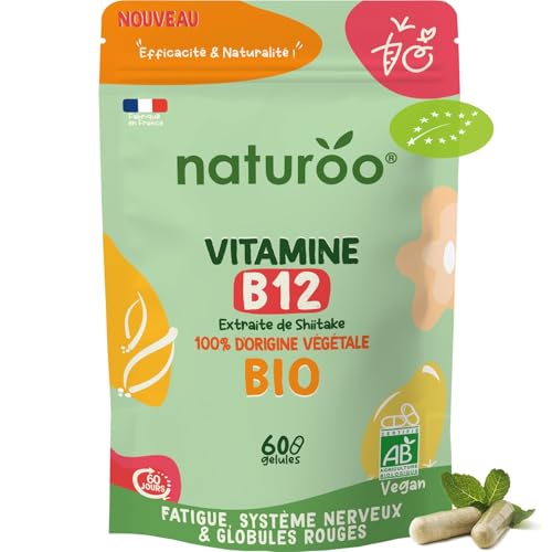 Vitamine B12 Bio | 60 gélules (2 mois) | 100% naturelle et végétale | Premium & Vegan | vitamin B 12 à 25 µg (1000% des AJR) | Extraits de Shiitake et fibre d'acacia bio | B-12 pour Hommes et Femmes