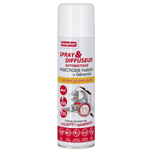 Beaphar – Spray & Diffuseur Automatique Insecticide Habitat + Géraniol – Tue Les Insectes Volants, rampants, Les œufs et Larves – Permet de Traiter 80 m² – Action Longue durée jusqu'à 6 Mois – 250 ML
