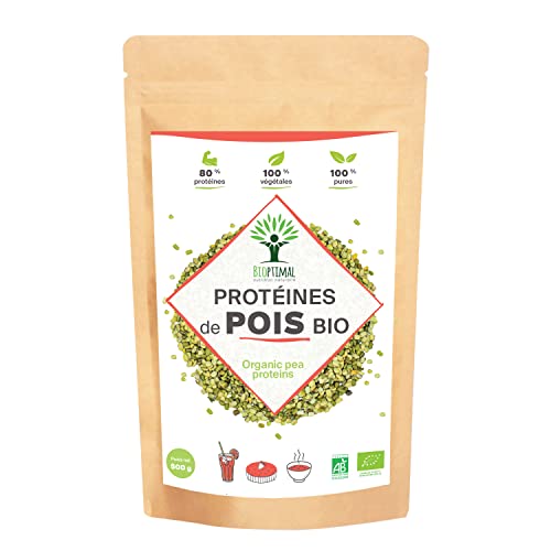 Protéine de Pois Bio - Bioptimal - 80% Protéines - 12% BCAA - Haute Digestibilité - Energie Sport Musculation - Poudre de Pois Jaune - 100% Pur - Conditionné en France - Certifié Ecocert - 500 g