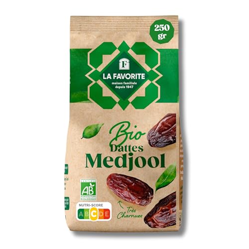 La Favorite - Dattes Medjool Bio 250 g - Dattes Gros Calibre avec Noyau - Fraicheur Garantie - Charnues & Fondantes - Origine Moyen-Orient - Pour Encas Sain, Apéritif, Cuisine, Pâtisserie