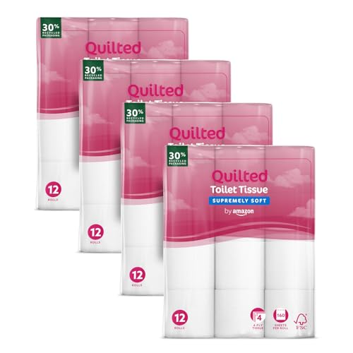 by Amazon Papier Toilette, 4 Épaisseurs Matelassé, Douceur Suprême, 48 Rouleaux (4 Paquets de 12), 160 Feuilles par Rouleau, Certifié FSC
