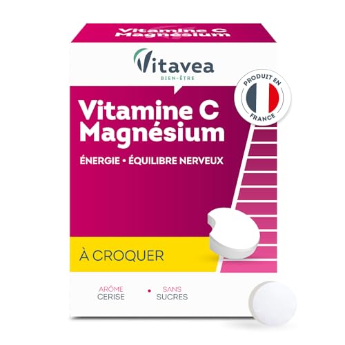 Vitavea - Complément Alimentaire Vitamine C + Magnésium - Duo Tonus - Triple action - Energie, Immunité, Détente - 28 comprimés à croquer - Goût cerise - Cure de 28 jours - Fabriqué en France