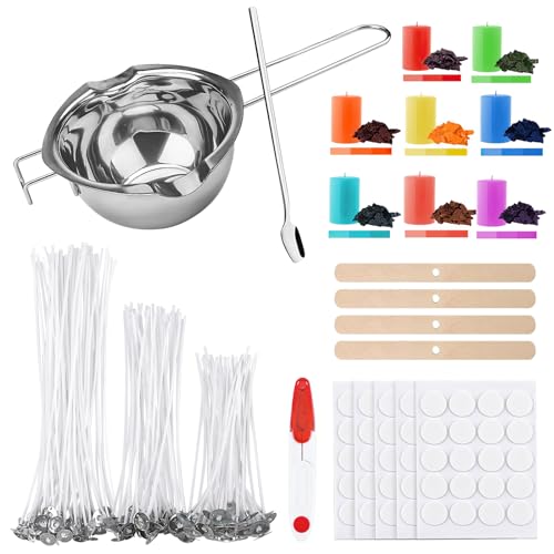 ALLAVA Kit Fabrication Bougie, Kit Bougie a Faire Soi Meme adulte, 100 Mèches de Bougie, 8 Colorant bougie, 100 autocollants Pour Bougies, Pot Pour Fabrication Bougie Adulte Débutant