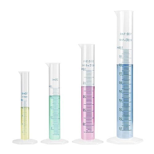 LATRAT Lot de 4 cylindres gradués en plastique - 10/25/50/100 ml - Pour bricolage et laboratoires scientifiques - Cylindre gradué en plastique - Outils de mesure liquide pour la cuisine chimique