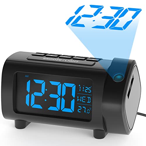 LIORQUE Radio Réveil à Projection, Horloges à Projection 180° Reveil Projecteur FM avec Alarme, Grand Affichage VA, 4 Niveaux de Luminosité de l'écran, Numérique USB, Fonction Snooze, 12/24H