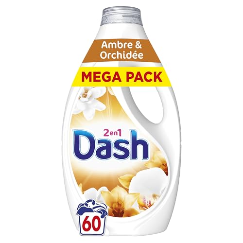 Dash 2en1 Lessive Liquide Ambre & Orchidée, 60 Lavages, 3 Semaines de Fraîcheur, Avec Lenor, Notes de Vanille et d'Ambre, Nettoyage en Profondeur, Marque Française Traditionnelle, Fabriquée à Amiens