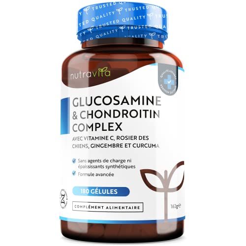 Glucosamine et Chondroitine Complex avec Vitamine C, Extrait de Rose Musquée et de Gingembre et Curcuma - Glucosamine Chondroïtine Gélules par Nutravita