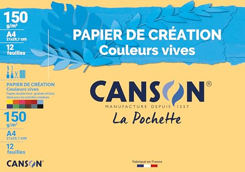 CANSON - Pochette 12 feuilles de papier création A4 - 150g/m² couleurs vives assorties