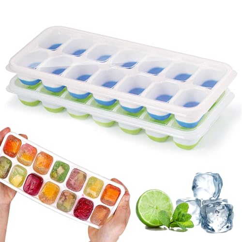 2 Pièces bacs à glaçons en silicone avec couvercle,Moule à Glaçons, Sans BPA,bacs à glaçons carrés faciles à retirer