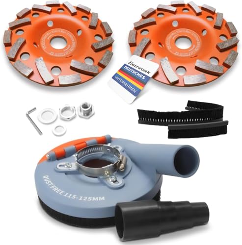 FANZWORK Carter d'aspiration pour meuleuse d'angle avec 2 meules diamantées de 125 mm de qualité professionnelle – Brosses remplaçables – 99% universelles – Bague d'adaptation renforcée