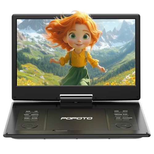 POFOTO Lecteur DVD Portable 15,7' avec Écran Pvotant HD 14,1', 6h Autonomie, Compatible Multiformat Disques/SD/USB, sans Région, Mémoire de Lecture, Sortie TV/Projecteur, Haut-parleurs Stéréo