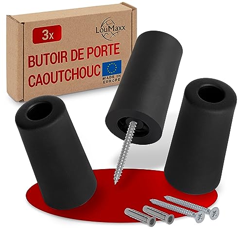 LouMaxx butoir caoutchouc à visser - bloque porte sol Ø 40 mm x 75 mm - butoir de porte en caoutchouc - Protection efficace contre les chocs - Lot de 3 noir