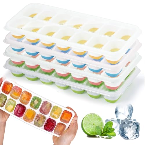 4 Pièces bacs à glaçons en silicone avec couvercle,Moule à Glaçons,Certifié LFGB - Sans BPA,bacs à glaçons carrés faciles à retirer(1 Vert+1 Bleu+1 Rose+1 Jaune)