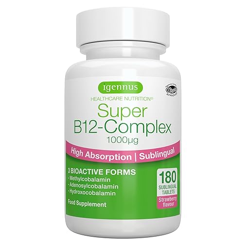 Vitamine B12 1000 mcg Sublinguale avec Adénosylcobalamine et Méthycobalamine, Haute Absorption, Sans Sucre, Arôme Naturel de Fraise & Vegan, 180 Petits Comprimés – par Igennus